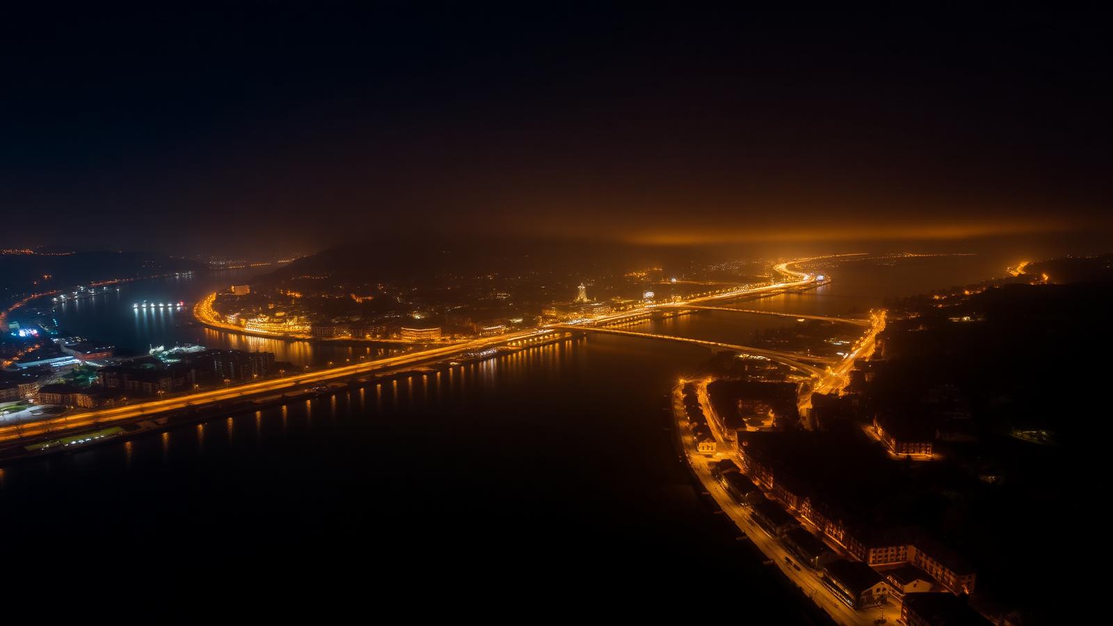 Dunărea și orașul Galați noaptea, zona în care AUTOGAL livrează mașinile