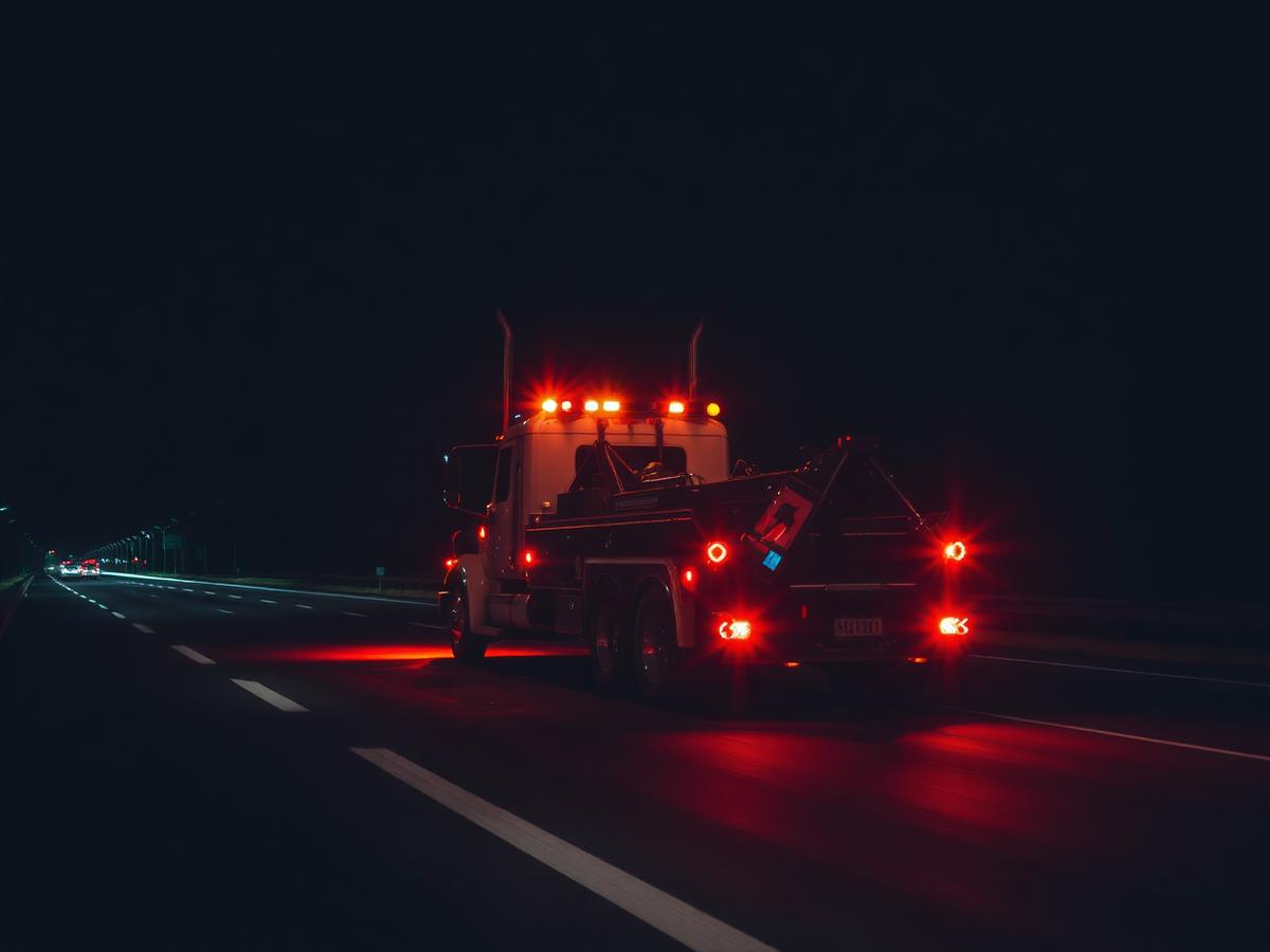Camion de tractare pe autostradă noaptea, cu girofaruri aprinse