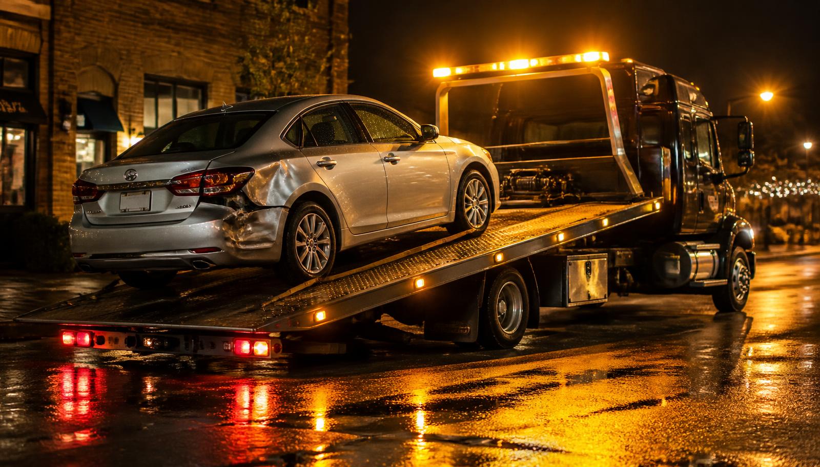 Platformă de tractări auto încărcând o mașină avariată noaptea în Galați