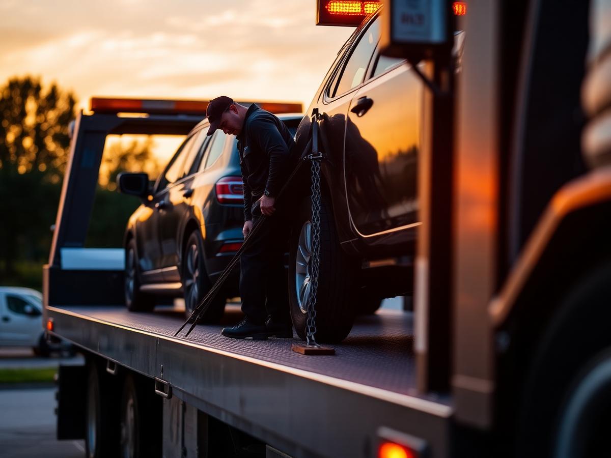 Operator care ancorează o mașină pe platforma de tractare